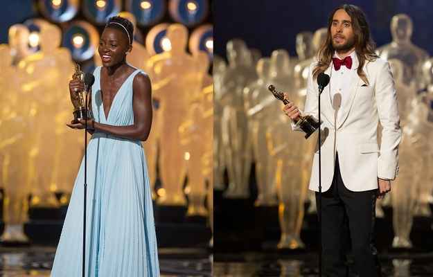 Vencedores como atores coadjuvantes: Lupita Nyong%u2019o, por 12 anos de escravidão, e Jared Leto, por Clube de Compras Dallas (Michael Yada / ©A.M.P.A.S./Divulgação)