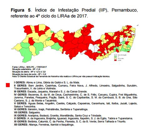 Mapa aponta as 85 localidades em risco de surto de arboviroses. Foto: SES/ Divulgação