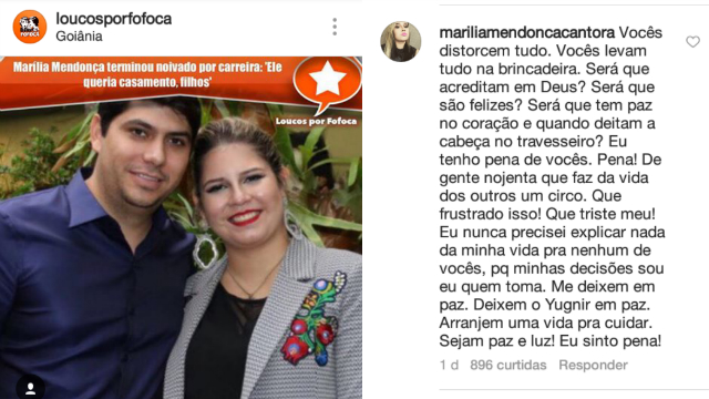 Marília comenta em publicação sobre o término de seu relacionamento. Foto: Instagram/Reprodução