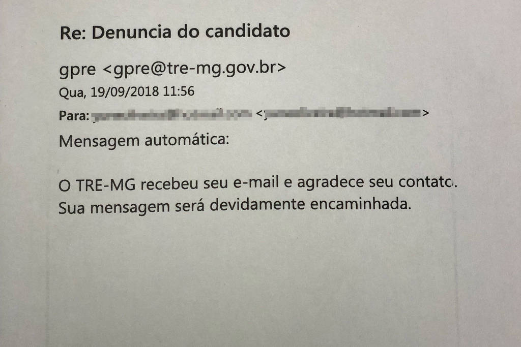 Resposta do TRE-MG após email enviado pela candidata Zuleide. Foto: Reprodução